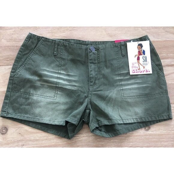 SO Pants - Vintage 90s Y2K So GSJC Juniors 3" City Short Olive Green Twill Low Rise Size 11